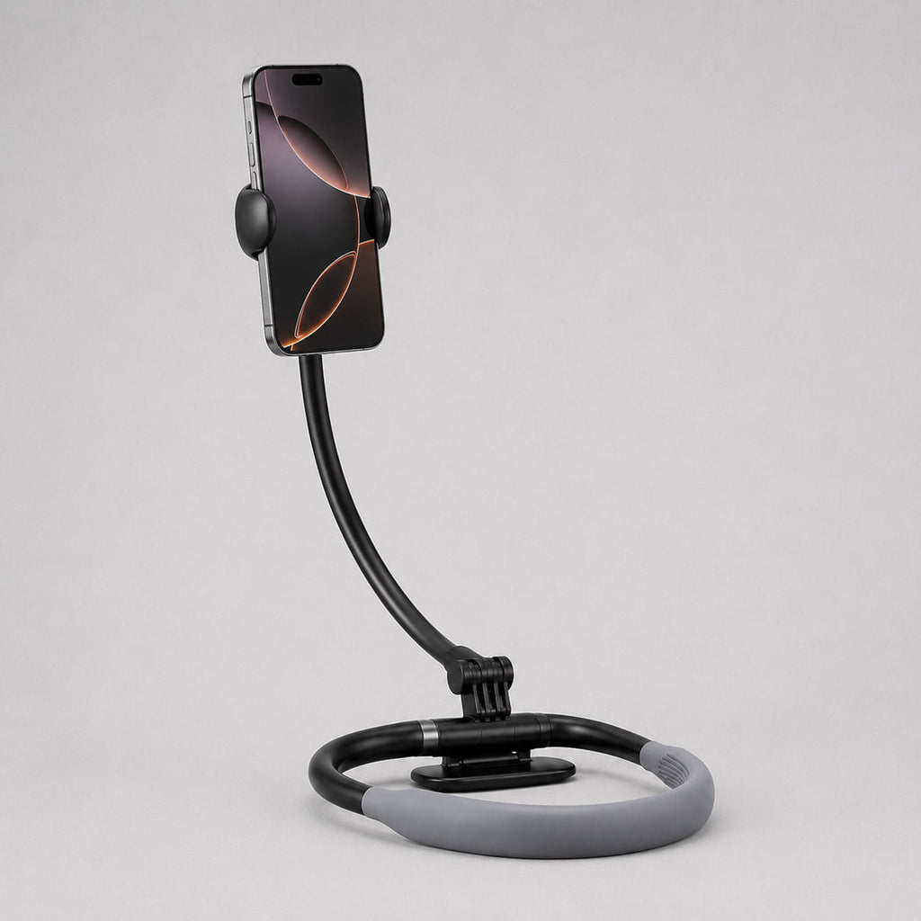 Side-angle studio shot of the Halo adjustable neck phone mount highlighting the flexible arm and stable base design.