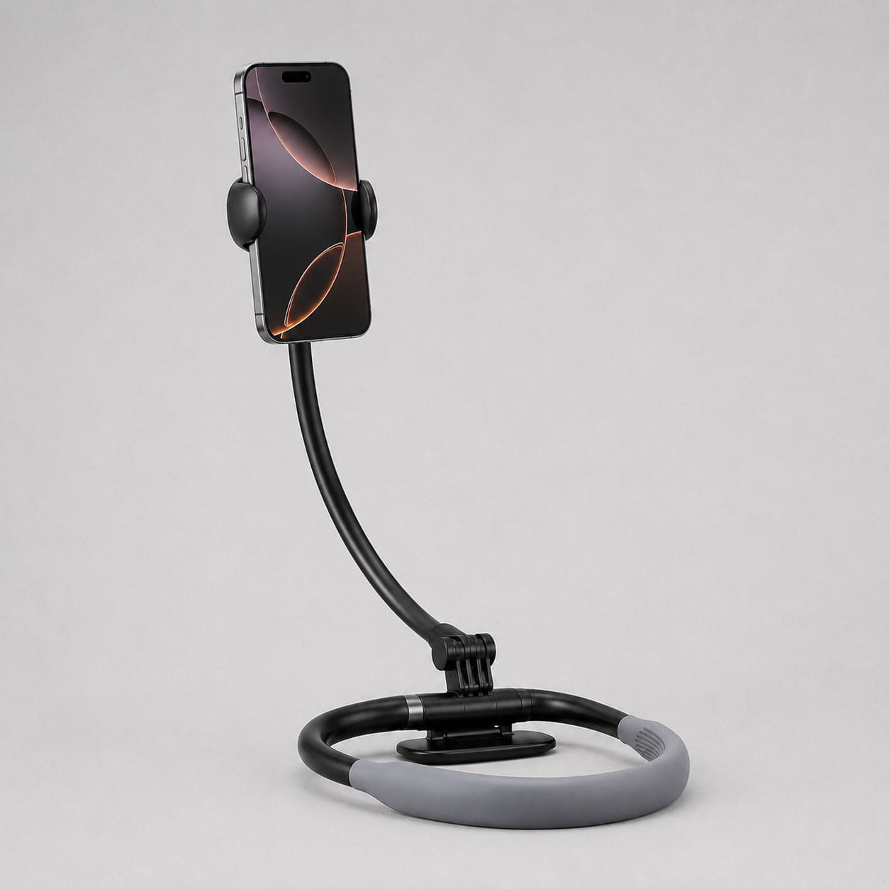 Side-angle studio shot of the Halo adjustable neck phone mount highlighting the flexible arm and stable base design.