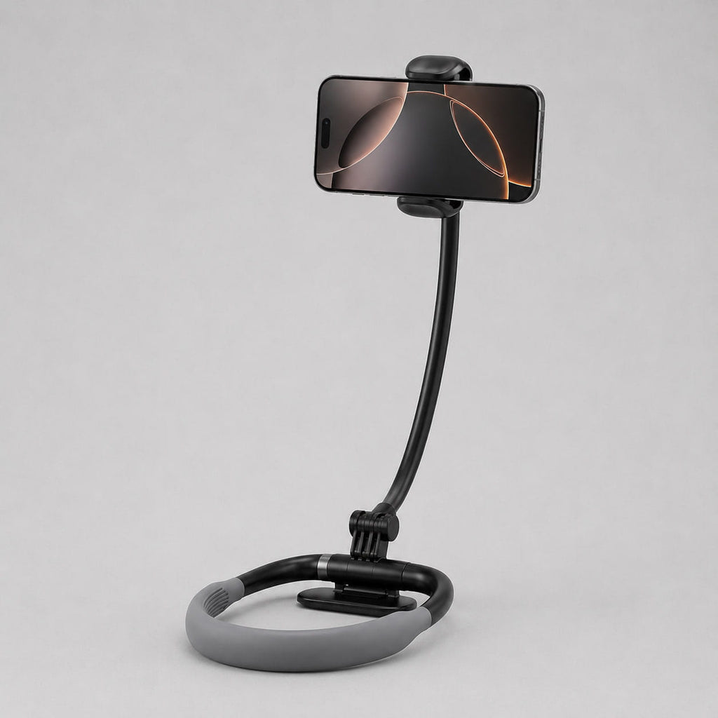 Studio product shot of the Halo flexible neck phone holder with smartphone attached in portrait mode on a clean neutral background.