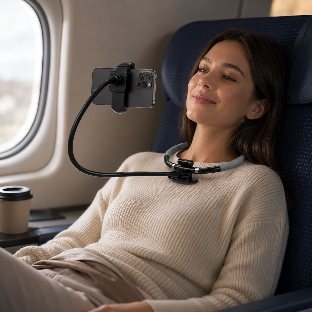 Woman relaxing on an airplane seat using the Halo neck phone mount for hands-free entertainment during travel.