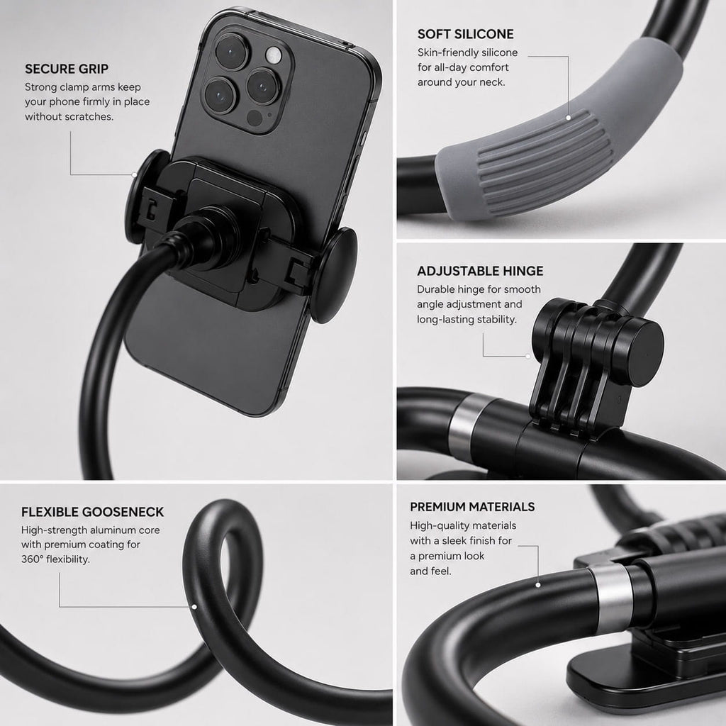 Close-up detail shot of the Halo flexible neck phone mount showing the clamp grip, silicone neck support, flexible arm, and premium matte black finish.