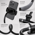 Close-up detail shot of the Halo flexible neck phone mount showing the clamp grip, silicone neck support, flexible arm, and premium matte black finish.