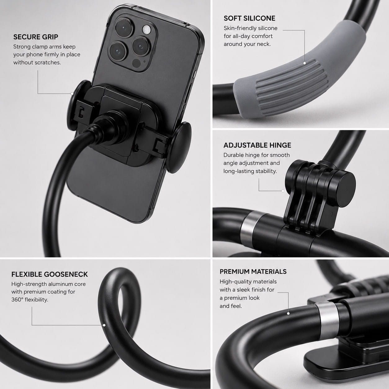 Close-up detail shot of the Halo flexible neck phone mount showing the clamp grip, silicone neck support, flexible arm, and premium matte black finish.