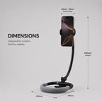 Dimensions guide for the Halo flexible neck phone mount showing 445mm height, 220mm base width, 175mm depth, and adjustable clamp width from 65mm to 95mm.