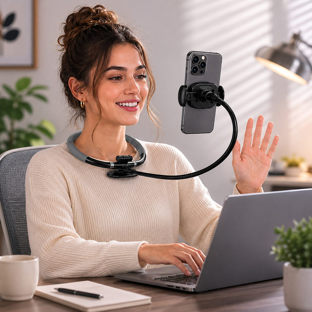 Woman working at a desk while using the Halo neck phone mount hands-free for video calls and content viewing.