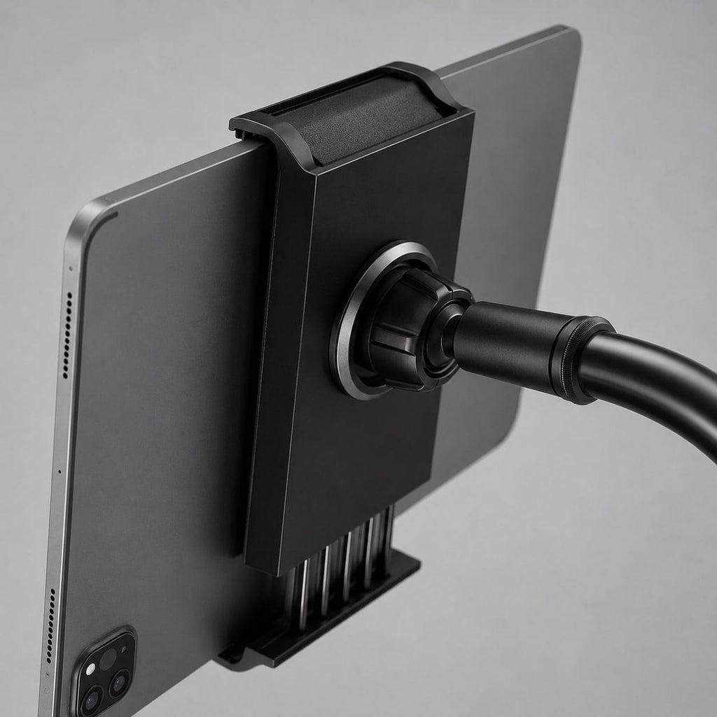 Close-up detail shot of Luminomo Arc secure tablet grip and hinge