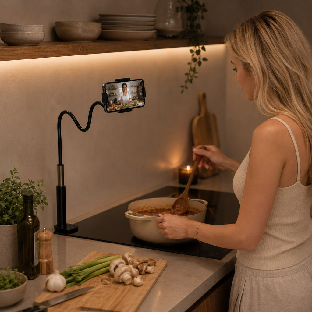Luminomo Arc mounted in modern kitchen for hands-free recipe viewing