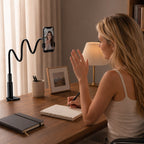 Woman using Luminomo Arc for hands-free video calls at desk setup