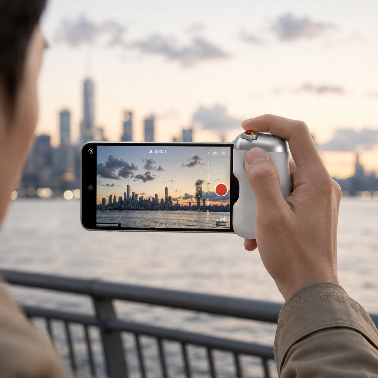 Person using the Luminomo Capture magnetic camera grip to film a city skyline at sunset with a smartphone.