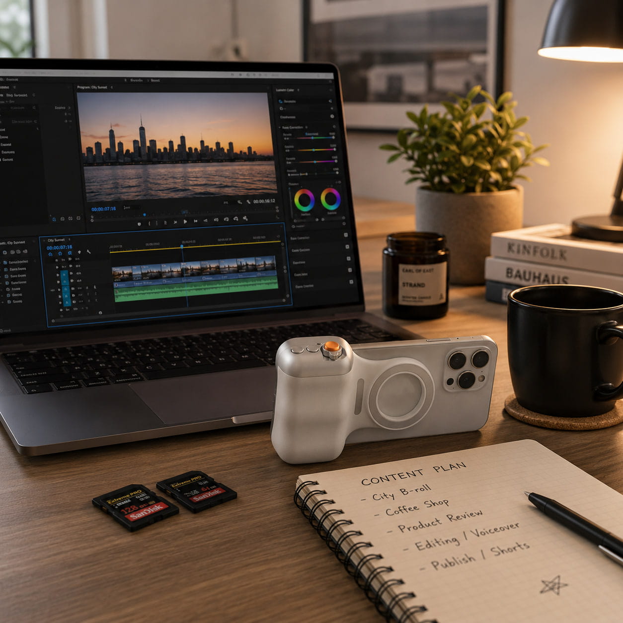 Luminomo Capture magnetic camera grip placed on a creator desk setup beside a laptop editing video content, SD cards, notebook, and coffee mug.