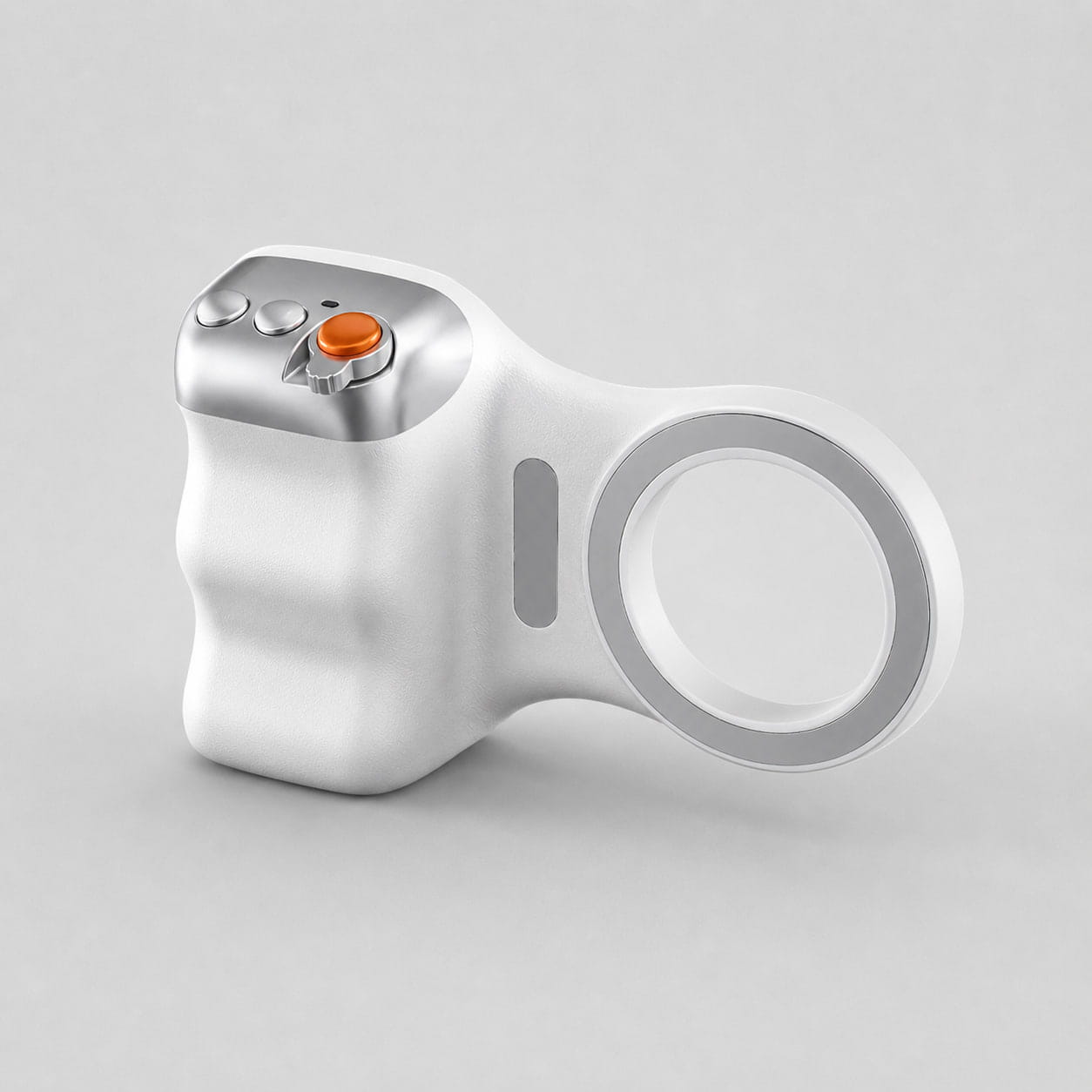 Luminomo Capture magnetic camera grip with built-in shutter controls displayed on a clean light gray background.