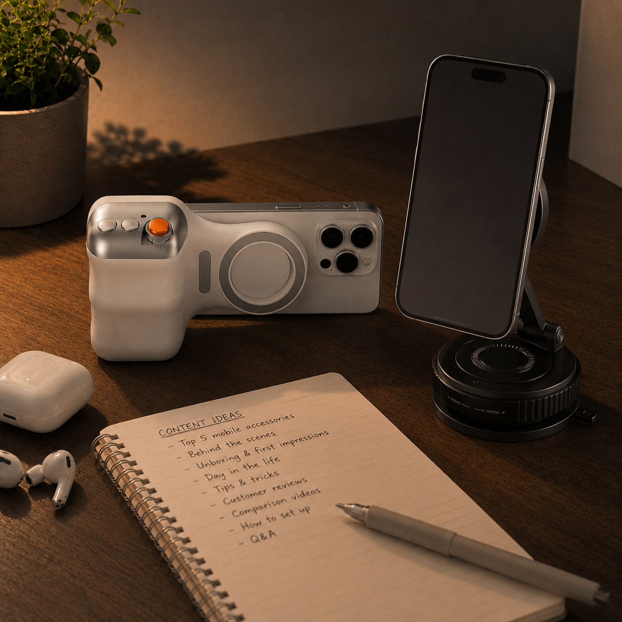 Luminomo Capture magnetic camera grip and smartphone setup on a creator desk beside earbuds, notebook, and content planning accessories.