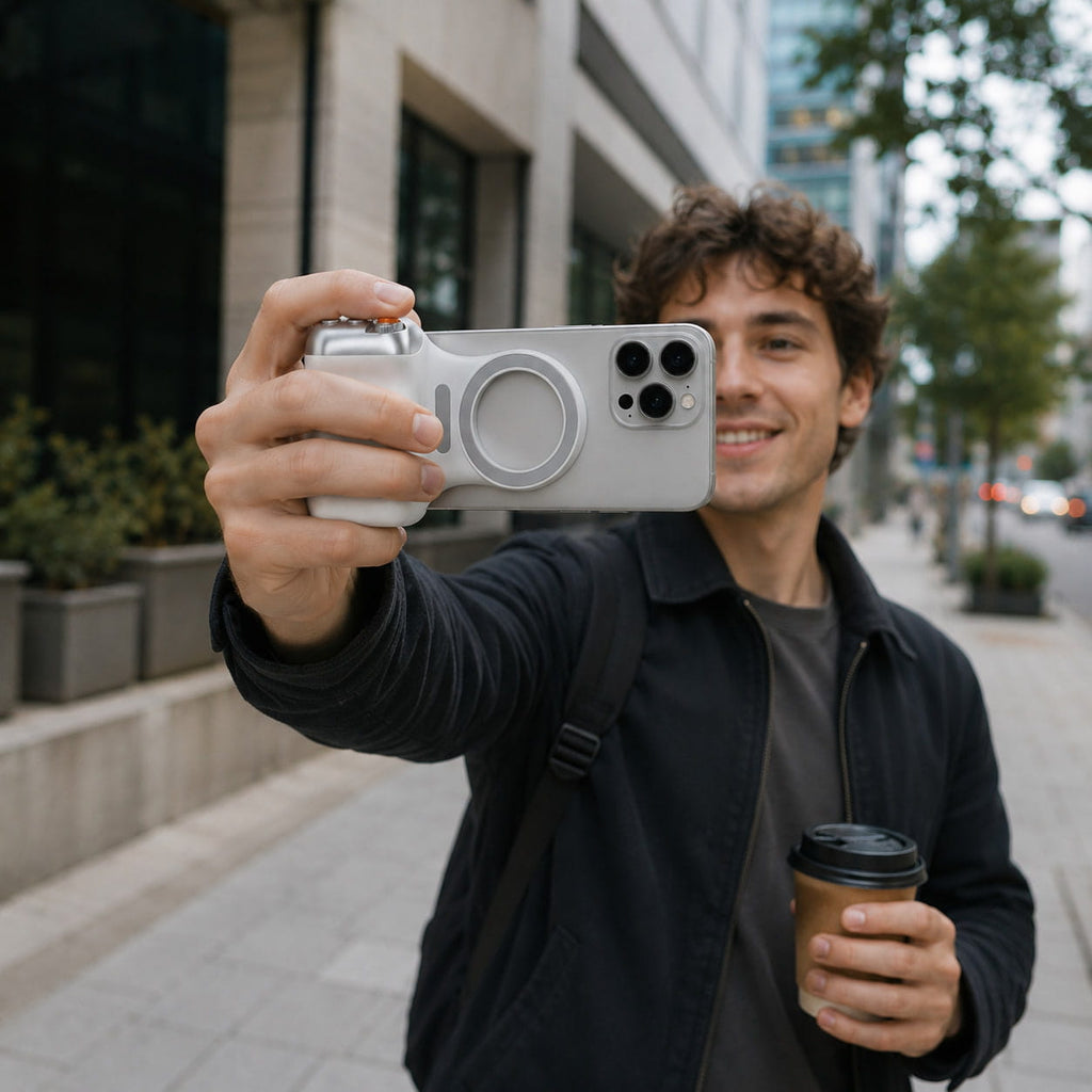 Person using the Luminomo Capture magnetic camera grip for handheld selfie filming while walking outdoors in the city.