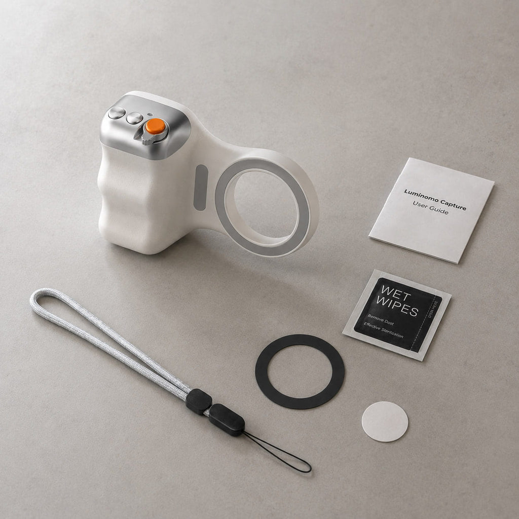Luminomo Capture magnetic camera grip with included accessories such as wrist strap, magnetic ring, cleaning wipe, adhesive pad, and user guide.
