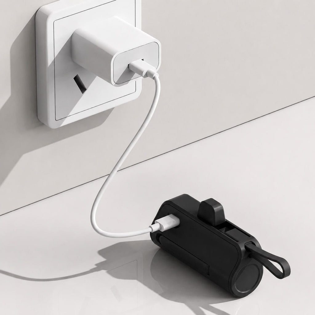 Luminomo Go portable power bank in black charging from a USB-C wall adapter.