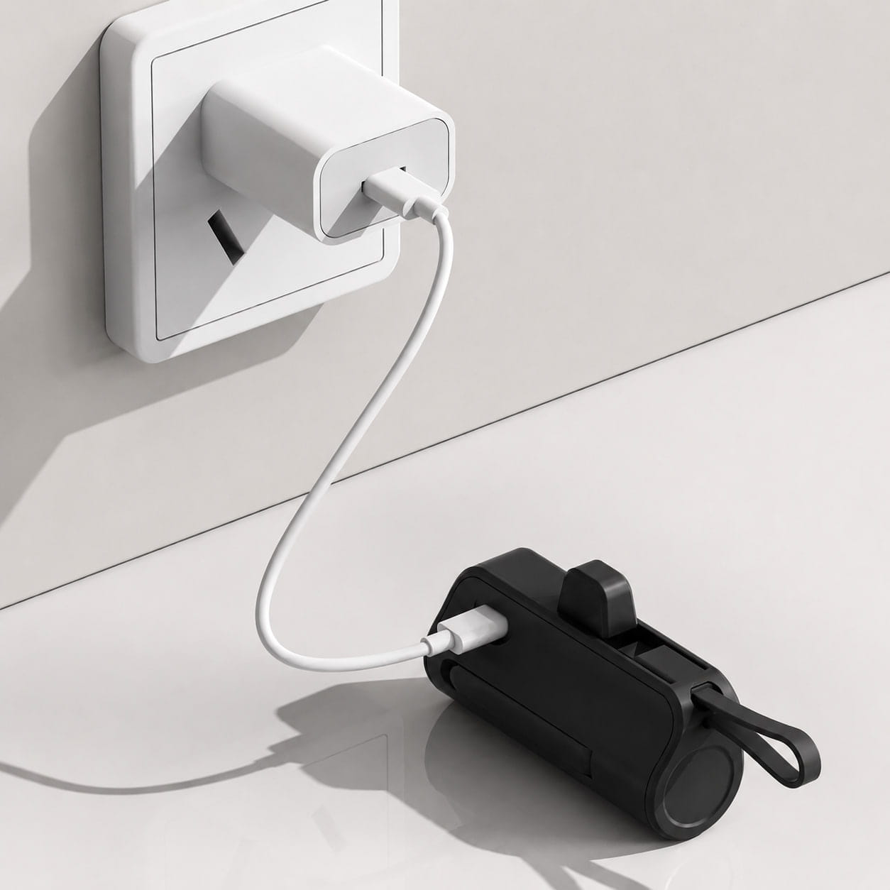 Luminomo Go portable power bank in black charging from a USB-C wall adapter.