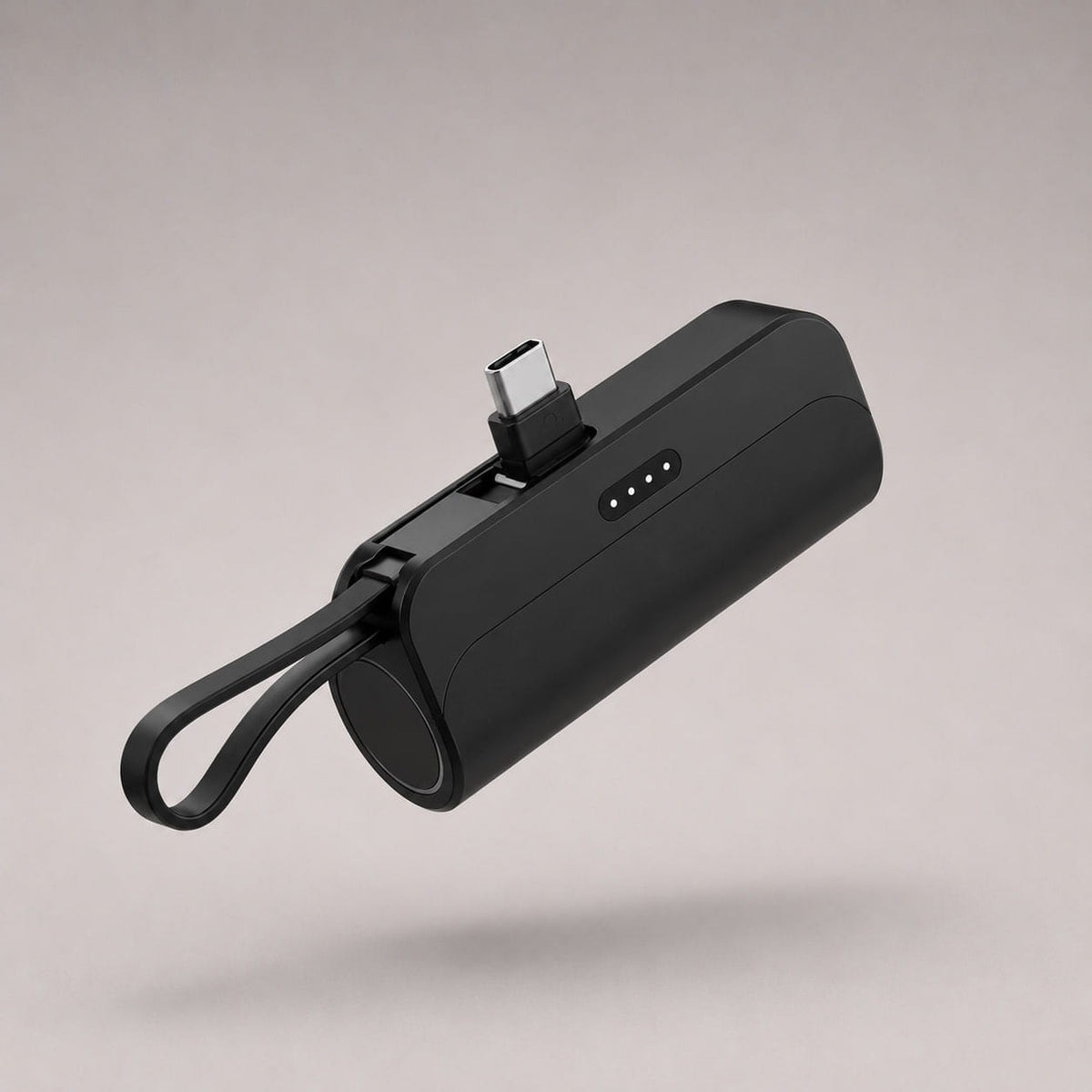 Studio product photo of the black Luminomo Go 10000mAh portable power bank with built-in USB-C connector.