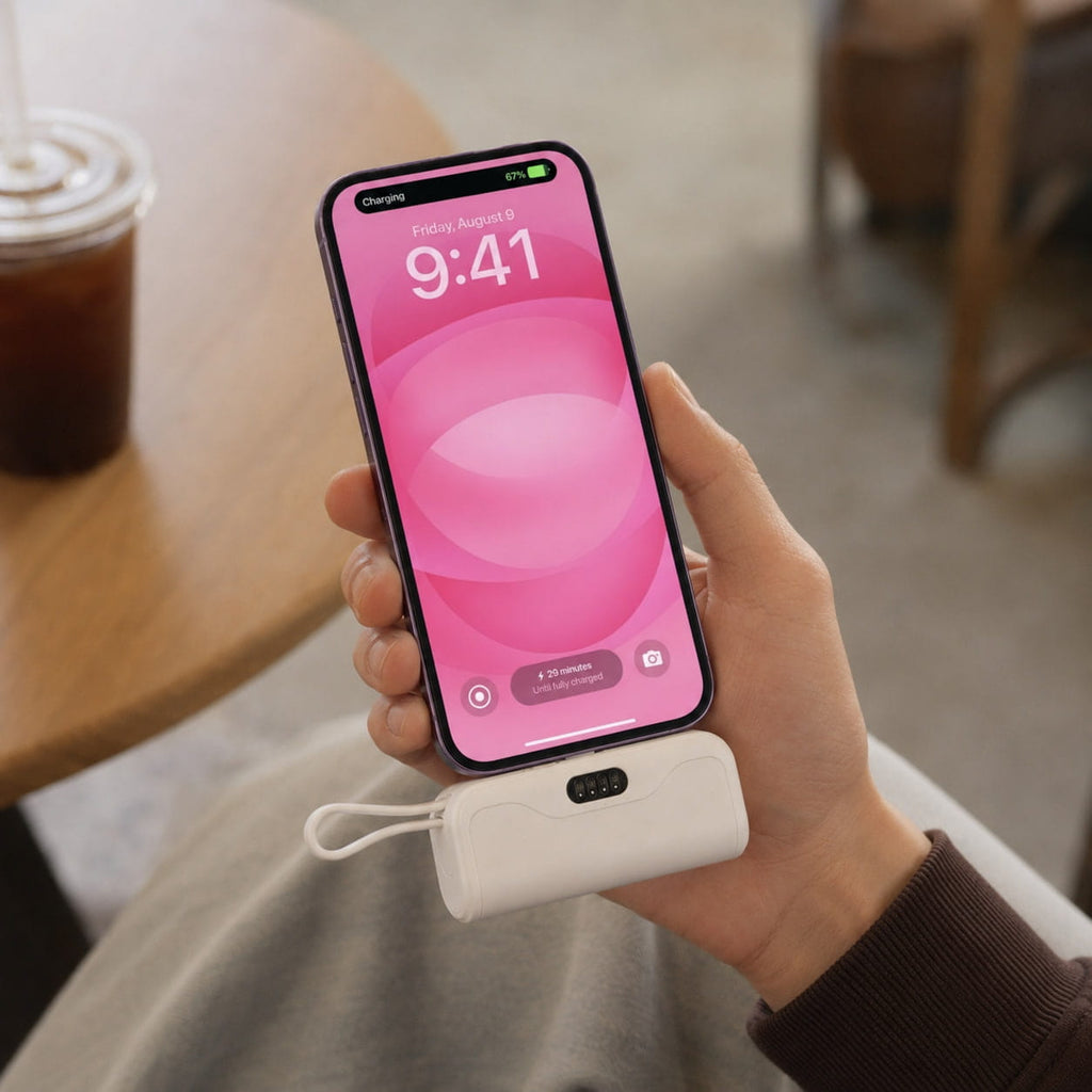 White Luminomo Go portable power bank being used in a coffee shop to charge a smartphone.