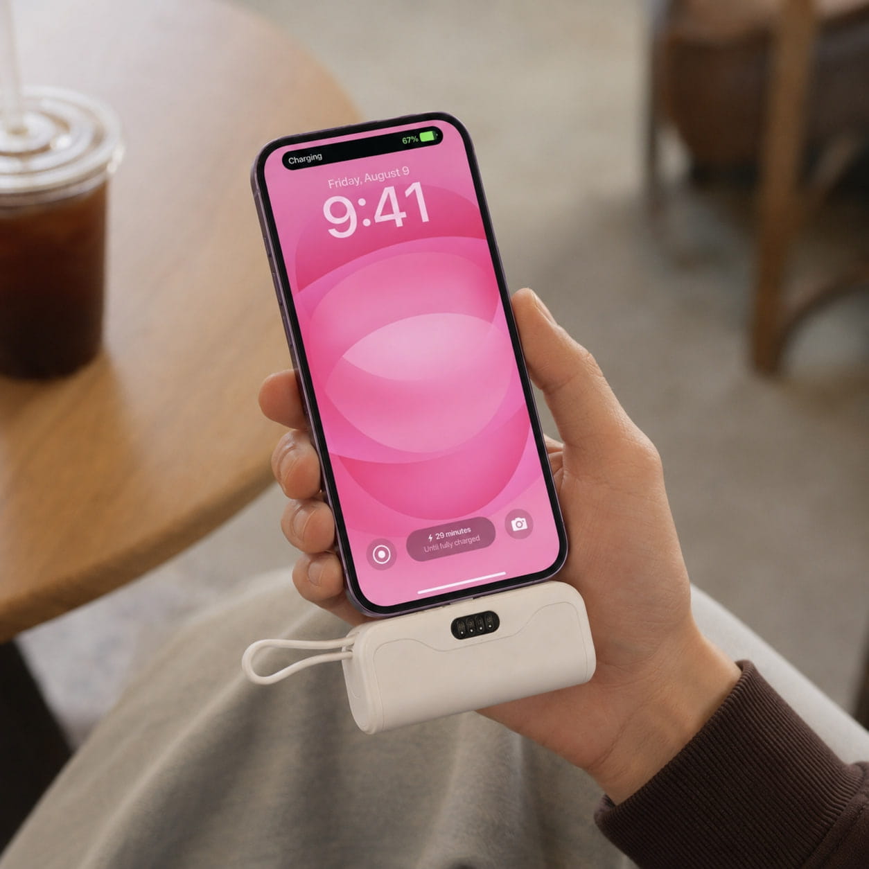 White Luminomo Go portable power bank being used in a coffee shop to charge a smartphone.