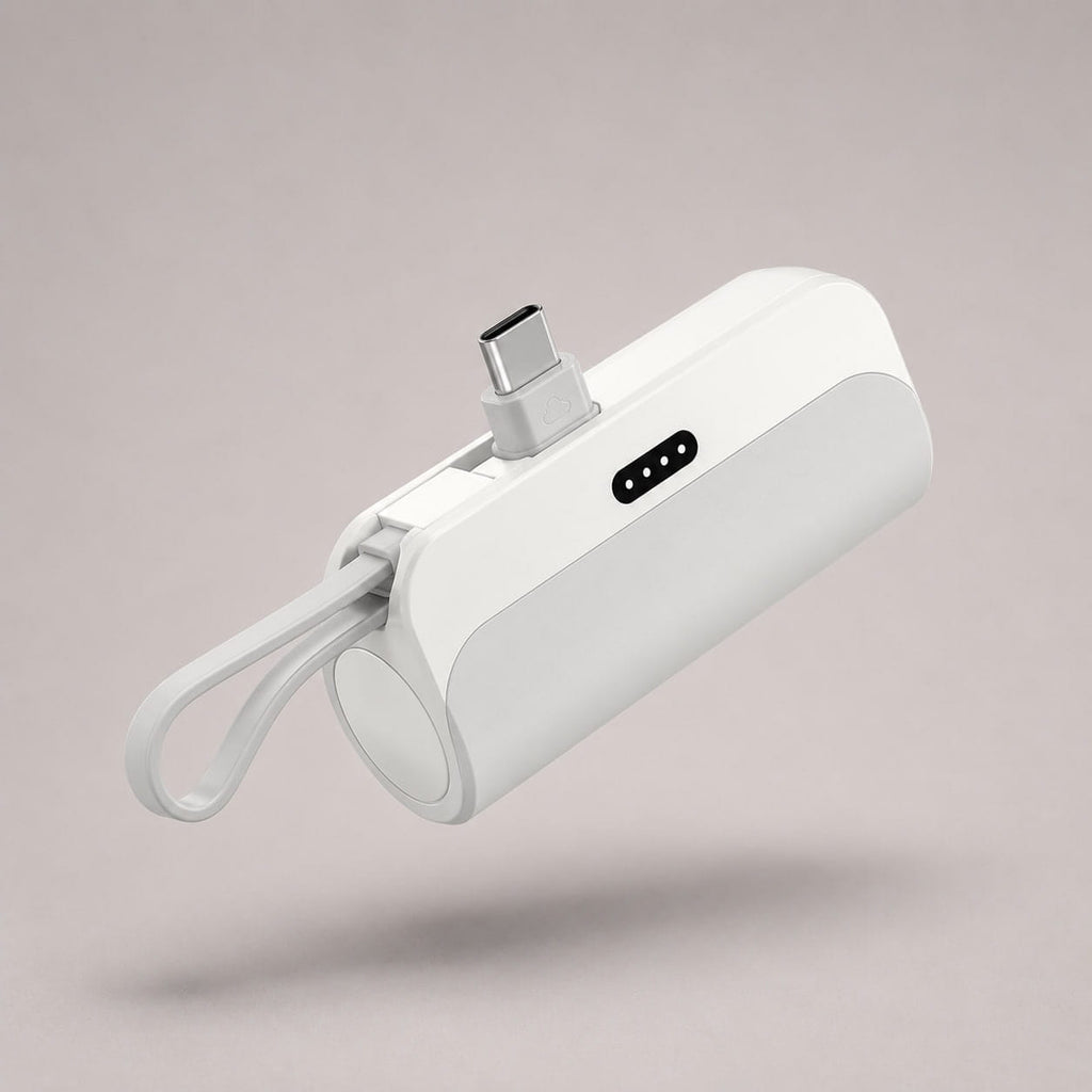 Studio product photo of the white Luminomo Go 10000mAh portable power bank with built-in USB-C connector.