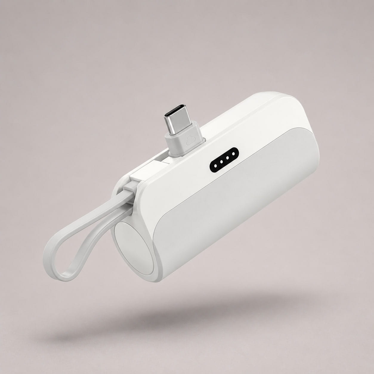 Studio product photo of the white Luminomo Go 10000mAh portable power bank with built-in USB-C connector.