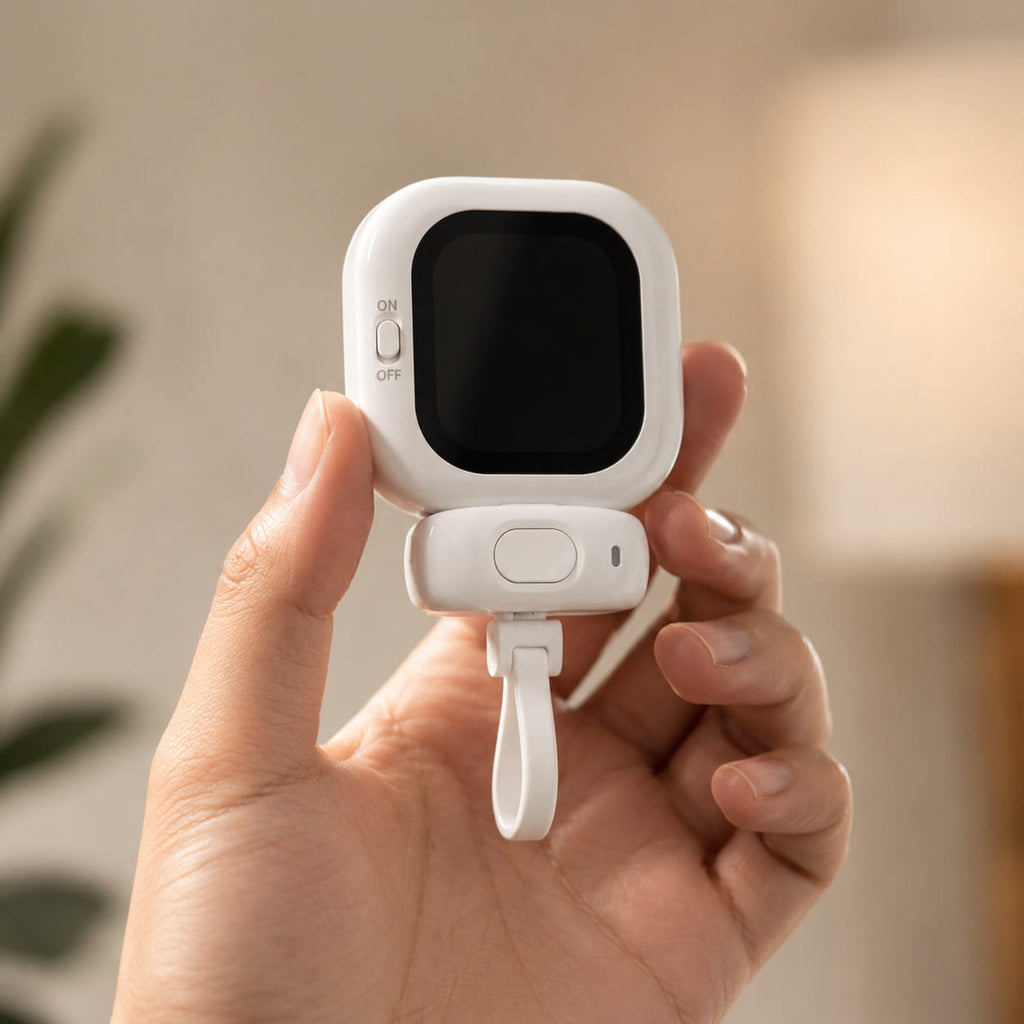 Close-up hand holding Luminomo LiveView showing compact lightweight design