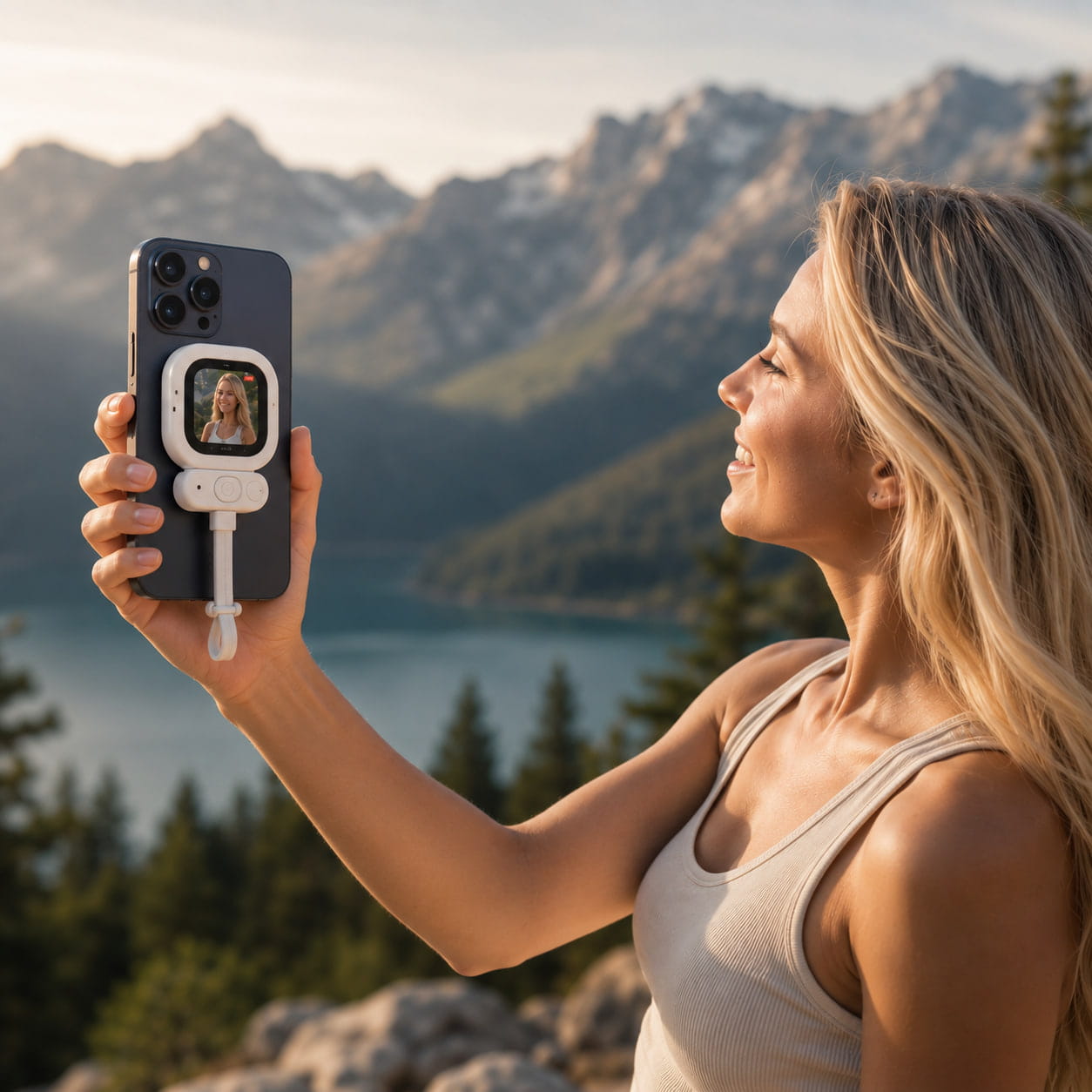 Woman using Luminomo LiveView outdoors with rear camera selfie setup