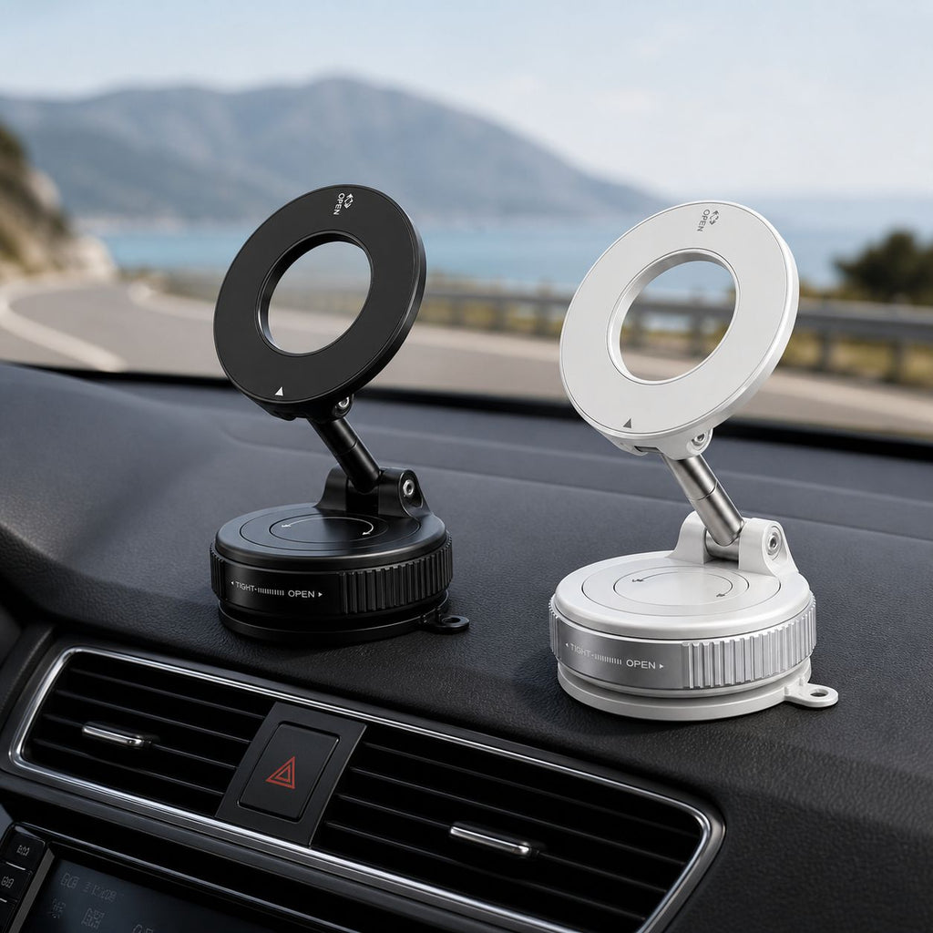 Black and white Luminomo Orbit magnetic phone mounts displayed on a car dashboard showcasing available color options and adjustable design.