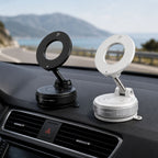 Black and white Luminomo Orbit magnetic phone mounts displayed on a car dashboard showcasing available color options and adjustable design.