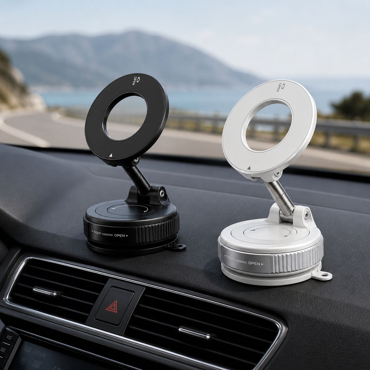 Black and white Luminomo Orbit magnetic phone mounts displayed on a car dashboard showcasing available color options and adjustable design.