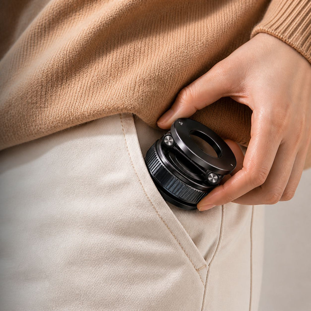Person placing the compact Luminomo Orbit magnetic phone mount into a pocket, highlighting its portable and travel-friendly design.