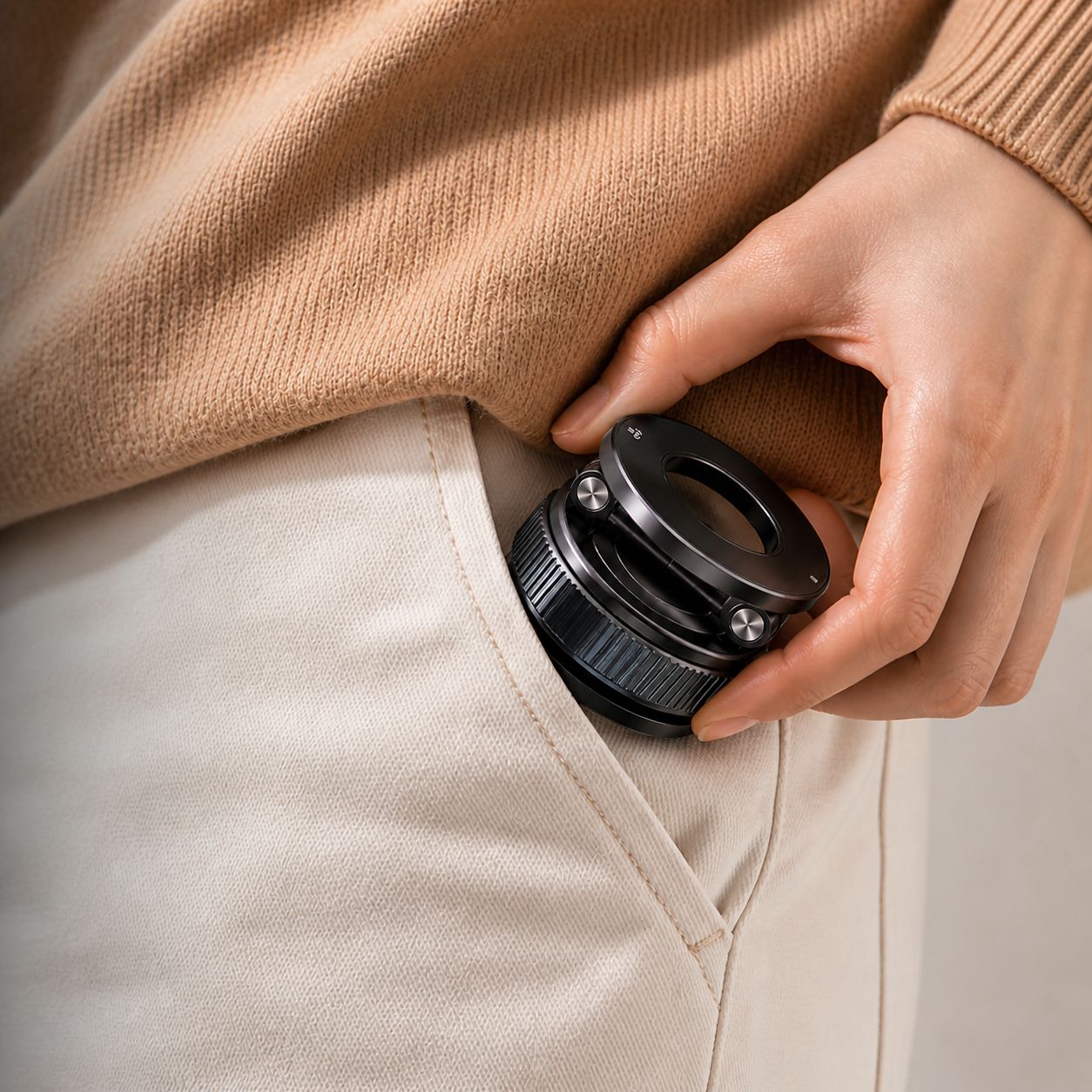 Person placing the compact Luminomo Orbit magnetic phone mount into a pocket, highlighting its portable and travel-friendly design.