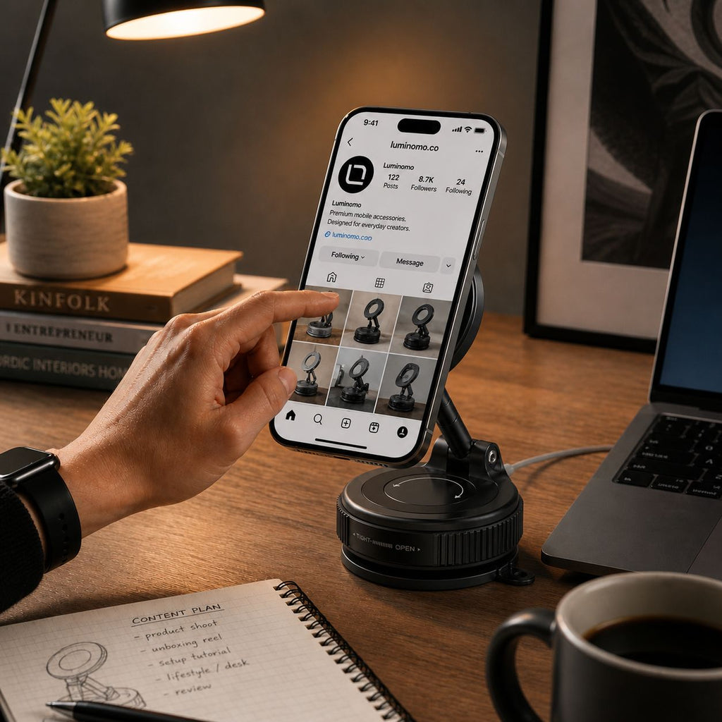 Luminomo Orbit magnetic phone stand used in a creator desk setup beside a laptop, notebook, and coffee while browsing social media content on a smartphone.