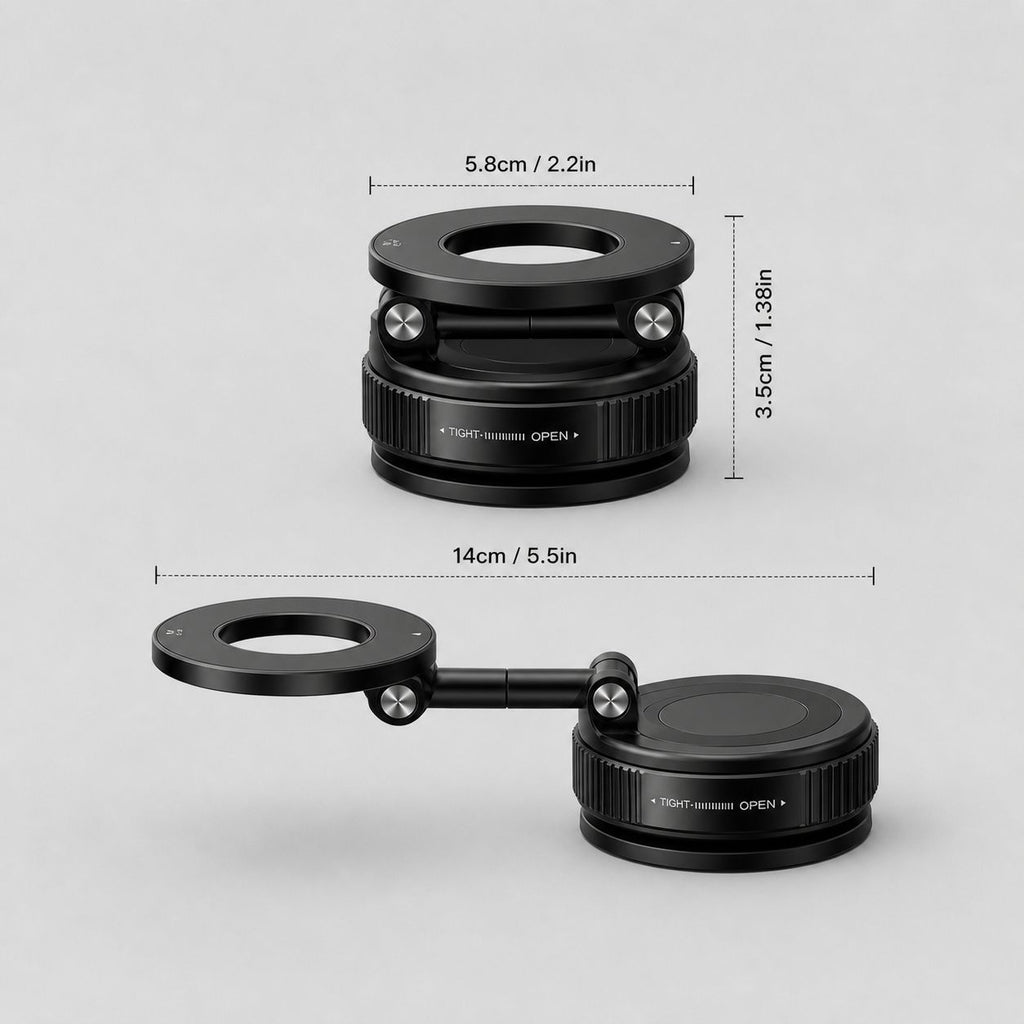Luminomo Orbit magnetic smartphone mount shown with detailed dimensions and folded and extended size measurements on a light gray background.