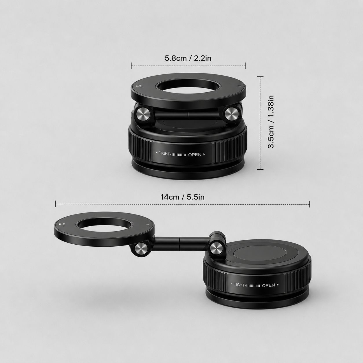 Luminomo Orbit magnetic smartphone mount shown with detailed dimensions and folded and extended size measurements on a light gray background.