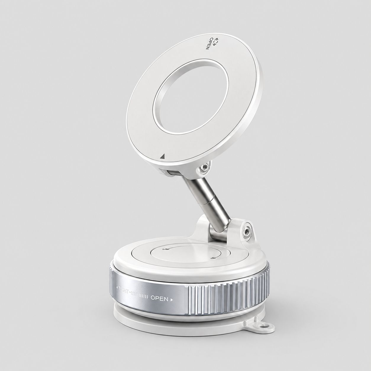 Frost colored Luminomo Orbit magnetic phone mount with adjustable arm and suction base displayed on a clean light gray background.