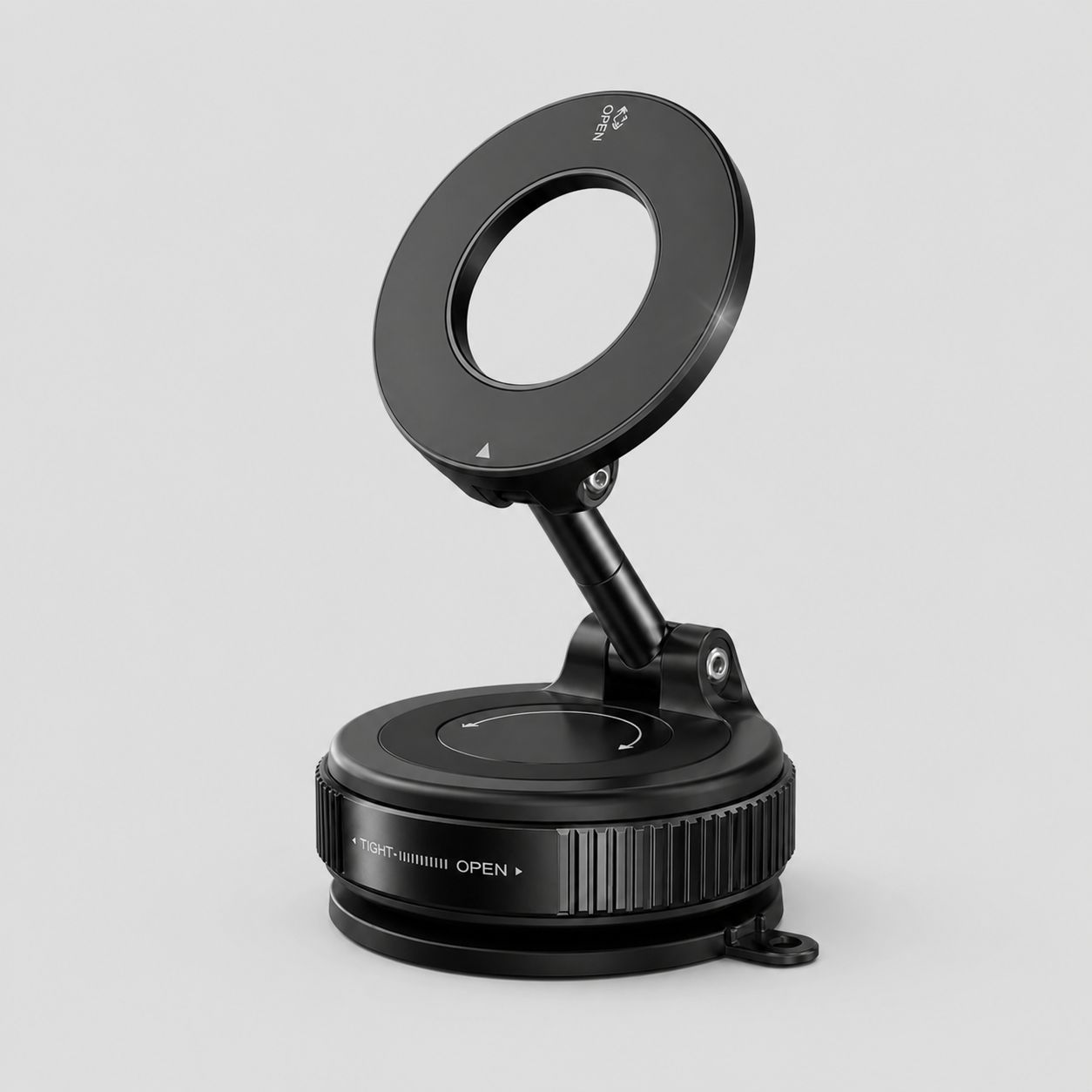 Graphite Color Luminomo Orbit magnetic phone mount with adjustable arm and suction base displayed on a clean light gray background.