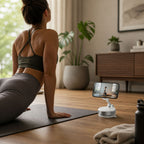 Woman doing yoga at home while using the Luminomo Orbit smartphone tracking mount for guided fitness workouts.