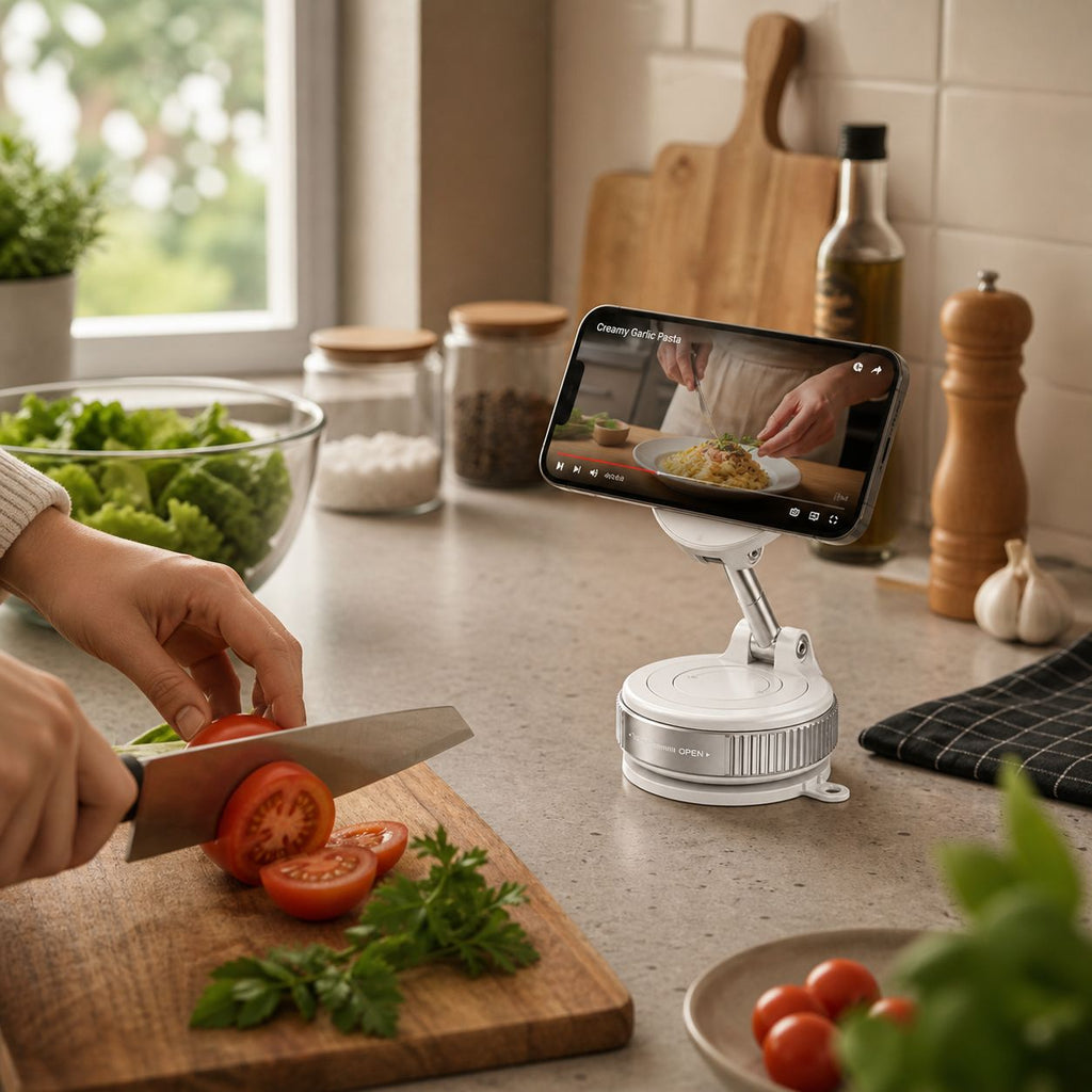 Luminomo Orbit magnetic phone mount holding a smartphone in the kitchen for hands-free recipe and cooking video viewing while preparing food.