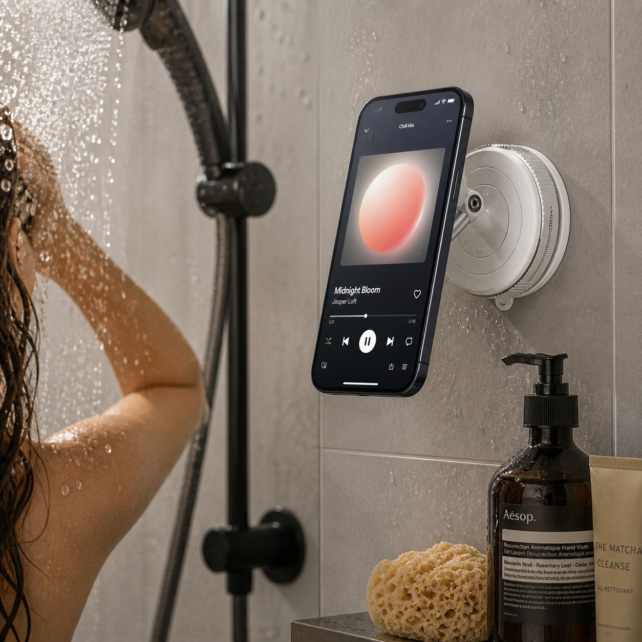 Luminomo Orbit magnetic phone mount attached to a shower wall holding a smartphone for hands-free music and media use in the bathroom.