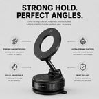 Feature overview of the Luminomo Orbit magnetic phone mount highlighting strong magnetic grip, ultra-strong suction, full adjustability, and durable build quality.