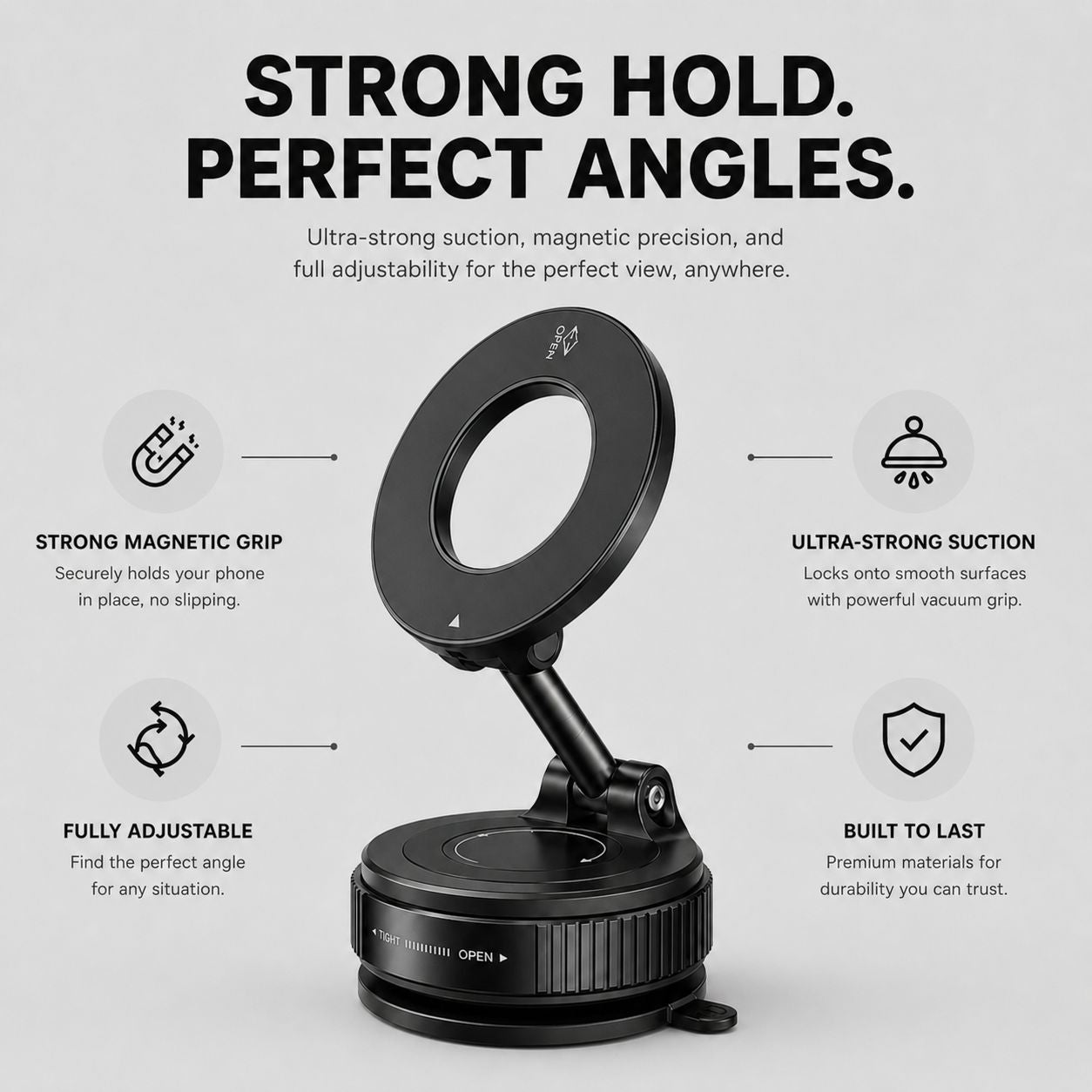 Feature overview of the Luminomo Orbit magnetic phone mount highlighting strong magnetic grip, ultra-strong suction, full adjustability, and durable build quality.
